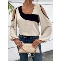 Plus Size Colorblock Cold Shoulder Blouse, Casual Asymmetrical Neck Long Sleeve Blouse For Spring, Women's Plus Size&nbsp;Clothing