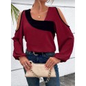 Plus Size Colorblock Cold Shoulder Blouse, Casual Asymmetrical Neck Long Sleeve Blouse For Spring, Women's Plus Size&nbsp;Clothing